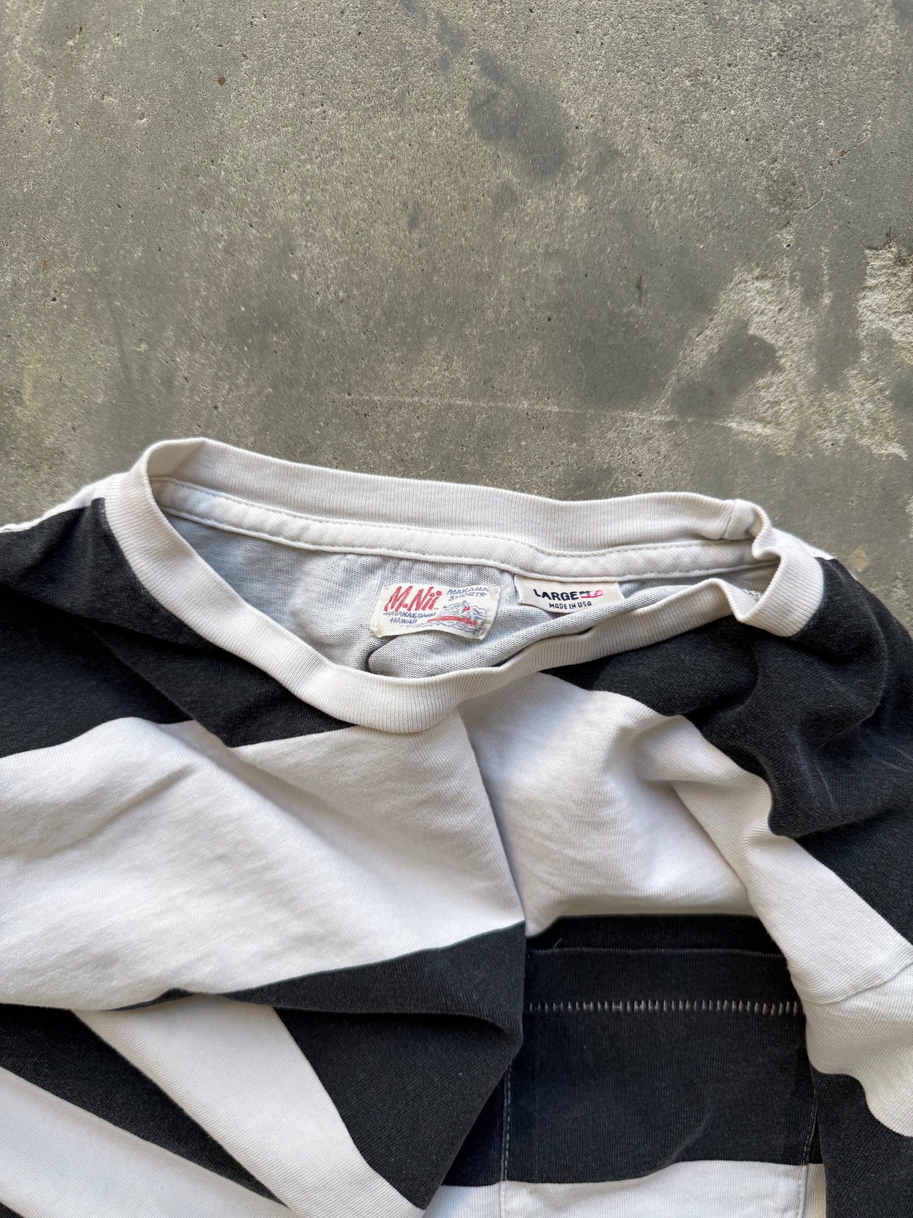 70’s BLACK WHITE PRISONER STRIPPED POCKET TEE LARGE